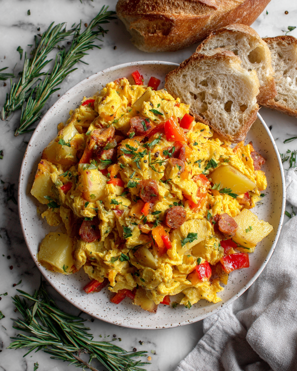 Míchaná vejce se zeleninou a uzeninou pro rychlou večeři