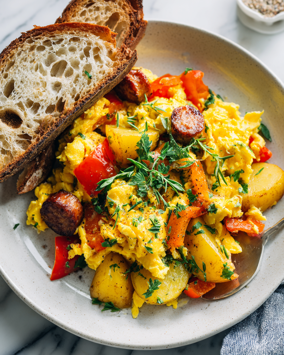 Míchaná vejce se zeleninou a uzeninou pro rychlou večeři