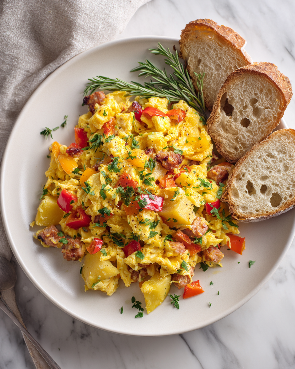 Míchaná vejce se zeleninou a uzeninou pro rychlou večeři