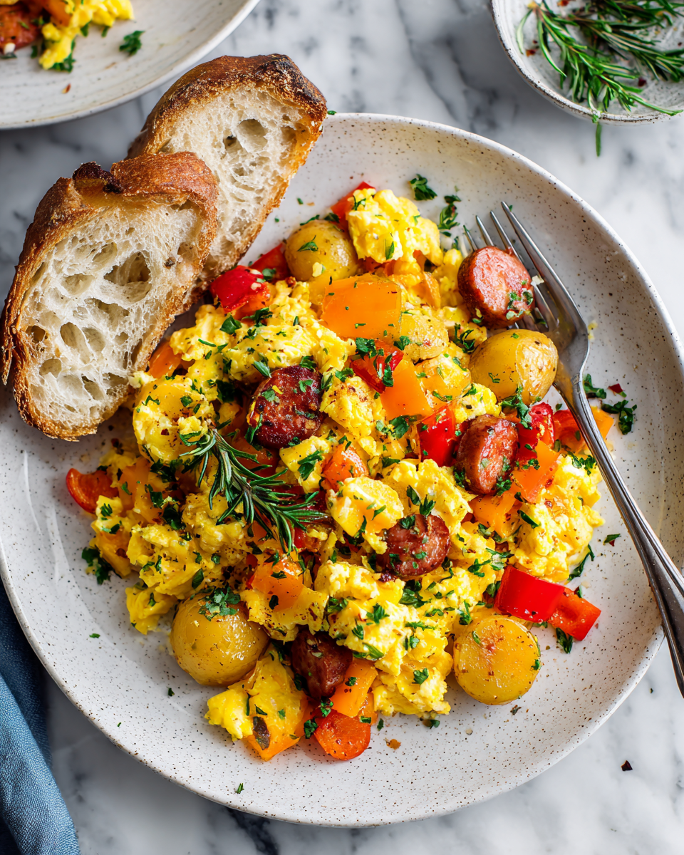 Míchaná vejce se zeleninou a uzeninou pro rychlou večeři