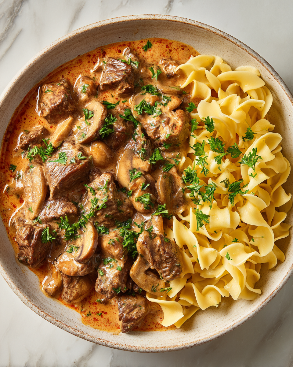 Krémový hovězí stroganov připravený v pomalém hrnci se zeleninou a kořením