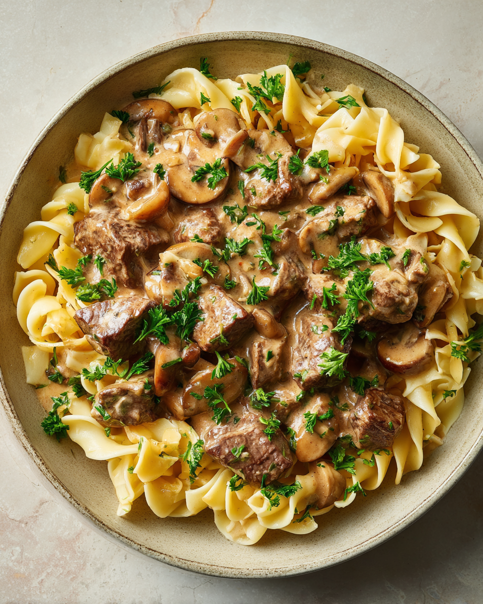 Krémový hovězí stroganov připravený v pomalém hrnci se zeleninou a kořením