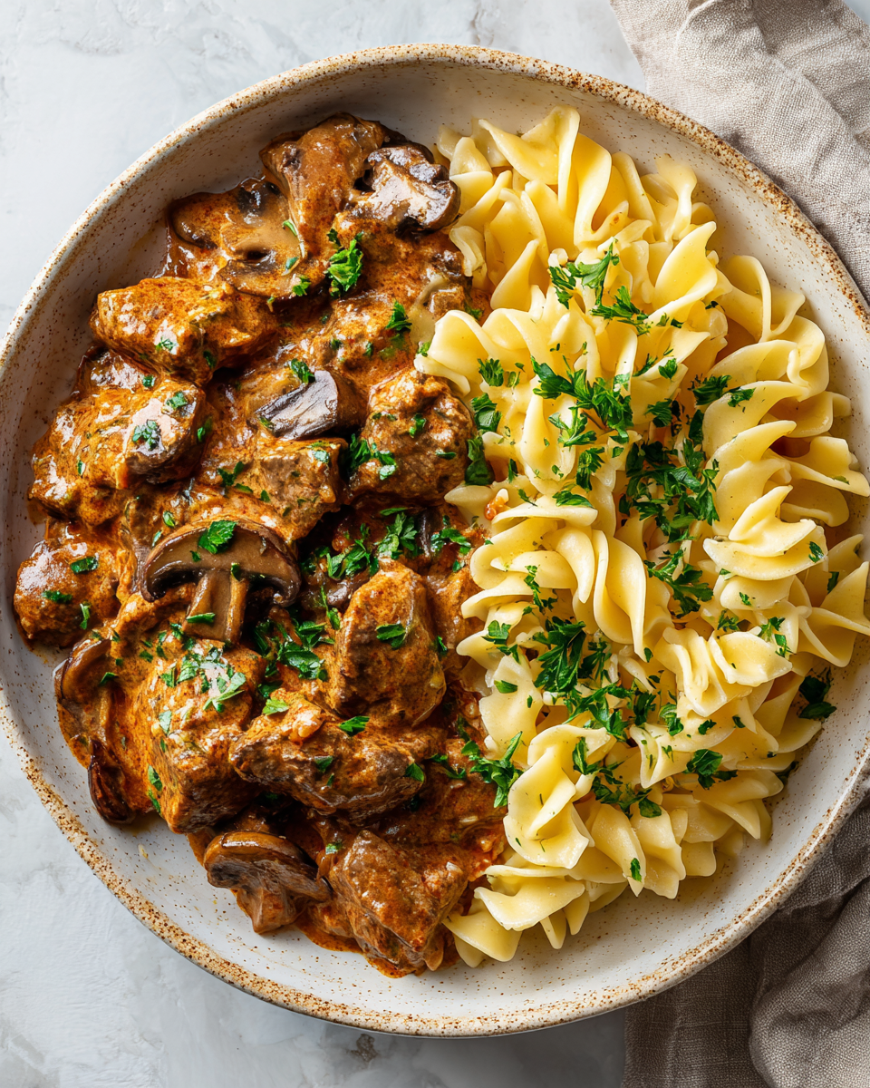 Krémový hovězí stroganov připravený v pomalém hrnci se zeleninou a kořením