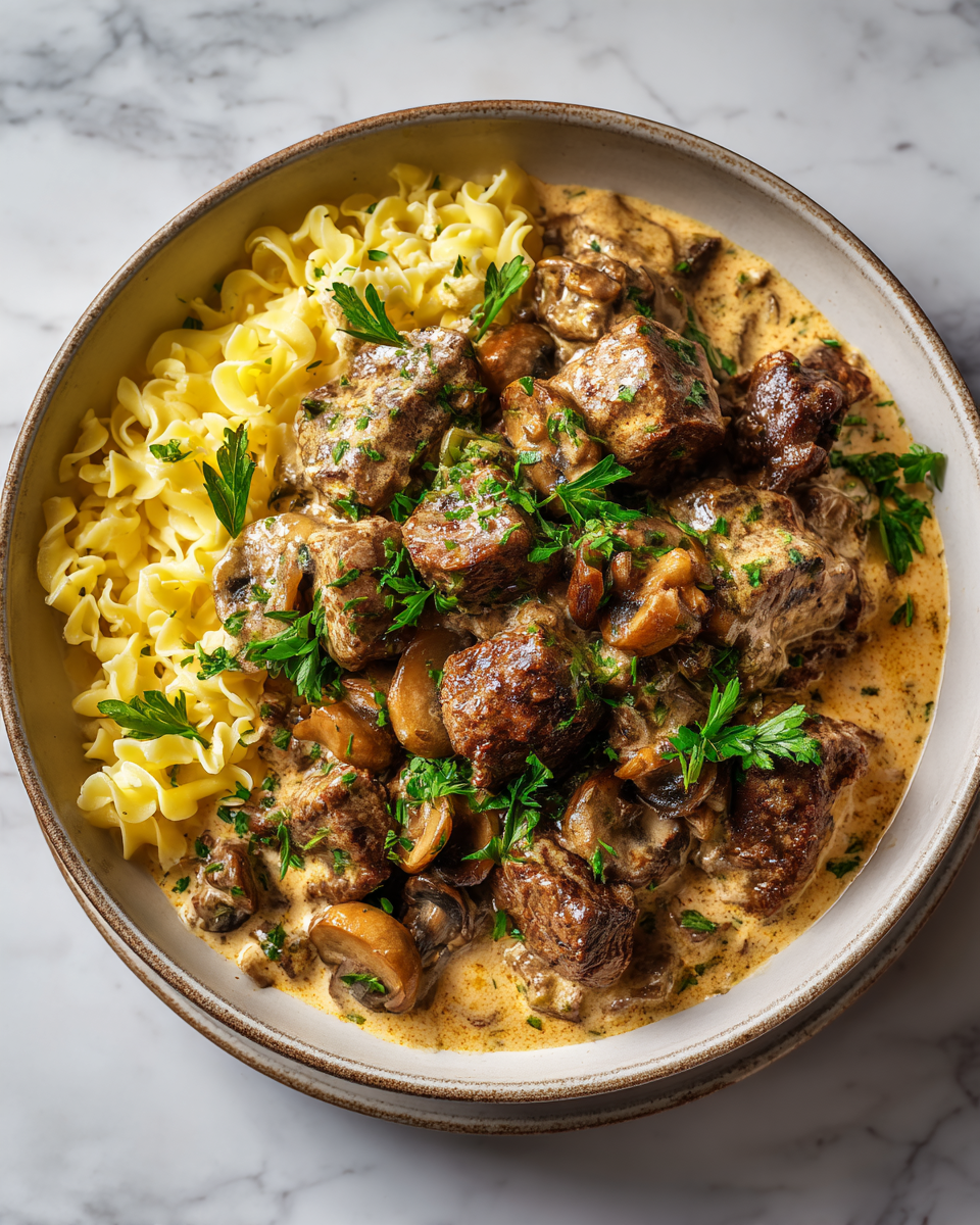 Krémový hovězí stroganov připravený v pomalém hrnci se zeleninou a kořením