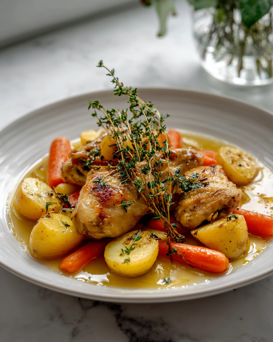 Pomalé vaření kuřecích stehen s bylinkami a zeleninou připravené v pomalém hrnci.