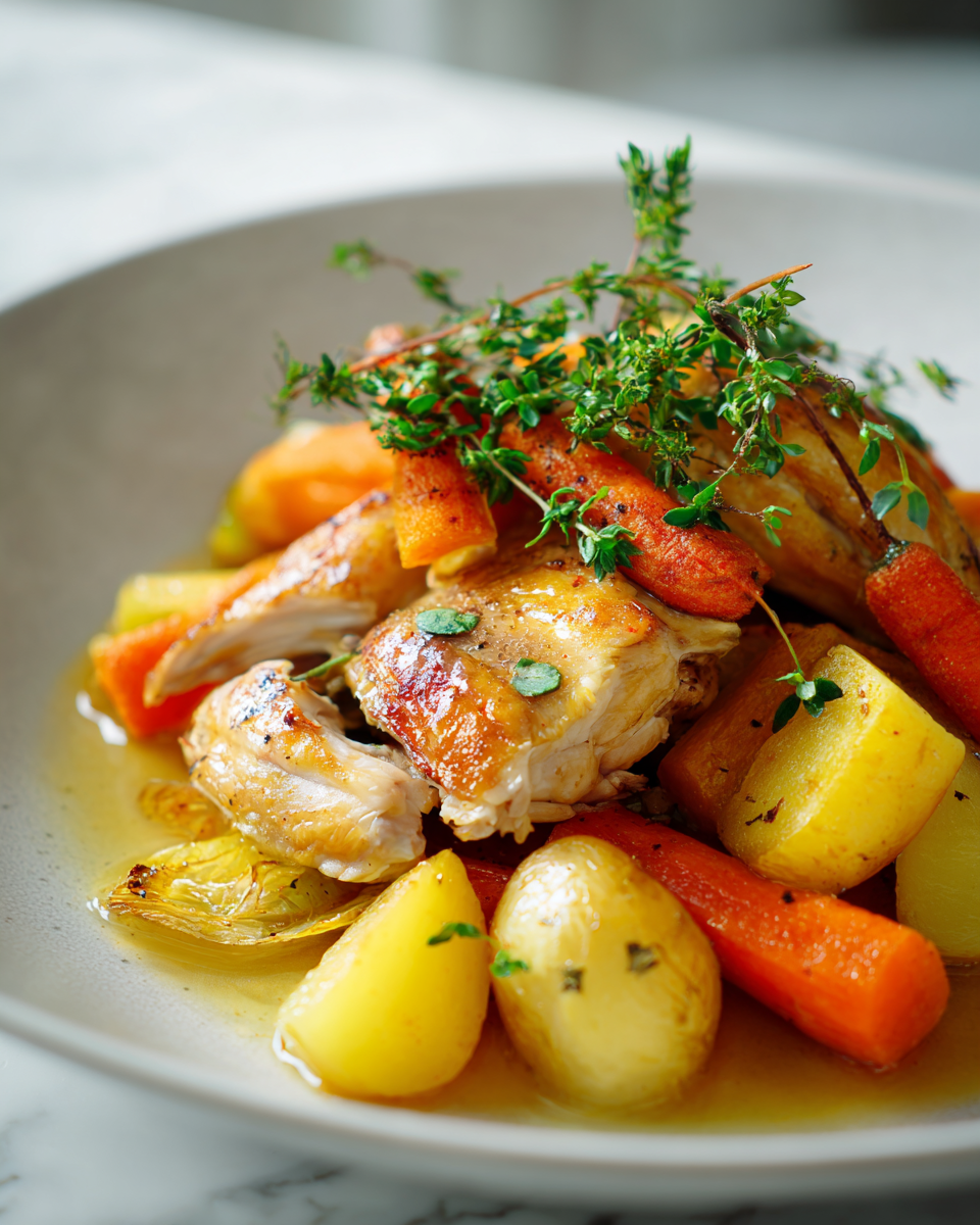 Pomalé vaření kuřecích stehen s bylinkami a zeleninou připravené v pomalém hrnci.