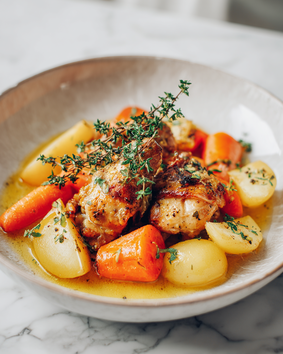 Pomalé vaření kuřecích stehen s bylinkami a zeleninou připravené v pomalém hrnci.