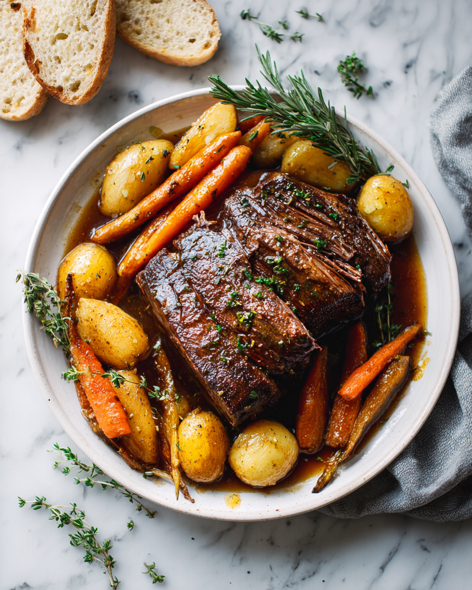 Šťavnatý hovězí roast vařený v Instant Potu pro rychlou přípravu svátečního jídla se zeleninou.