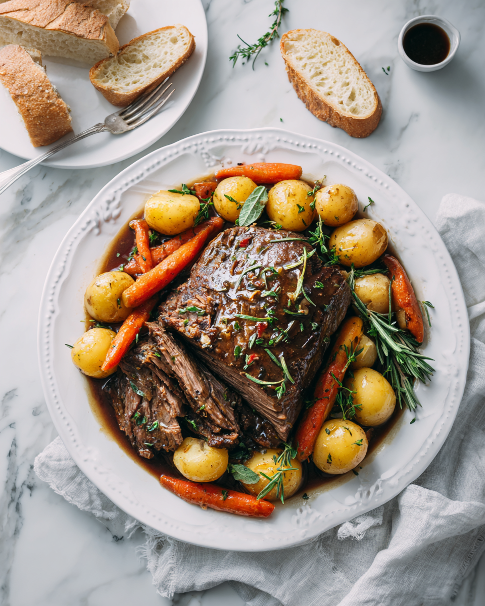 Šťavnatý hovězí roast vařený v Instant Potu pro rychlou přípravu svátečního jídla se zeleninou.