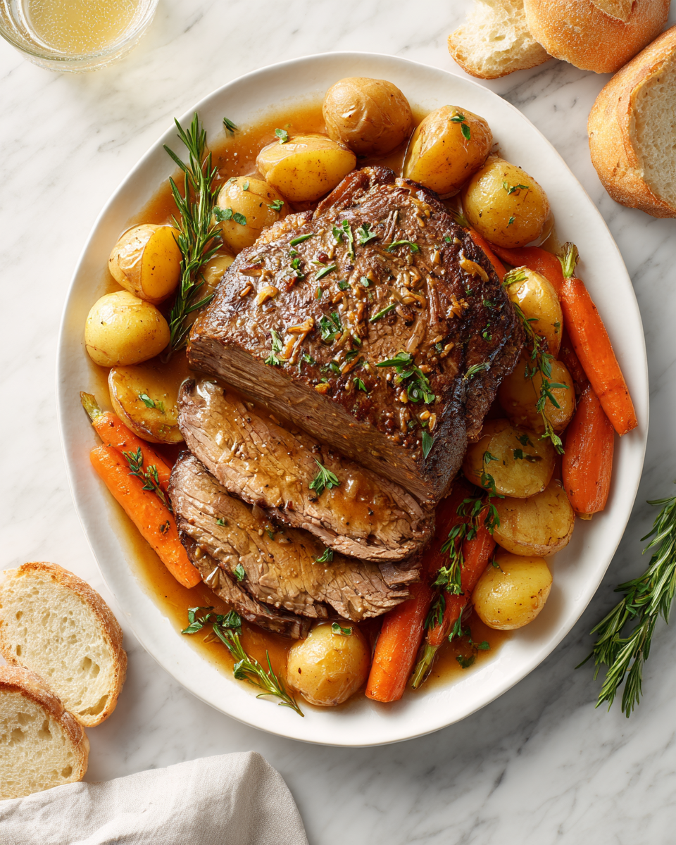 Šťavnatý hovězí roast vařený v Instant Potu pro rychlou přípravu svátečního jídla se zeleninou.