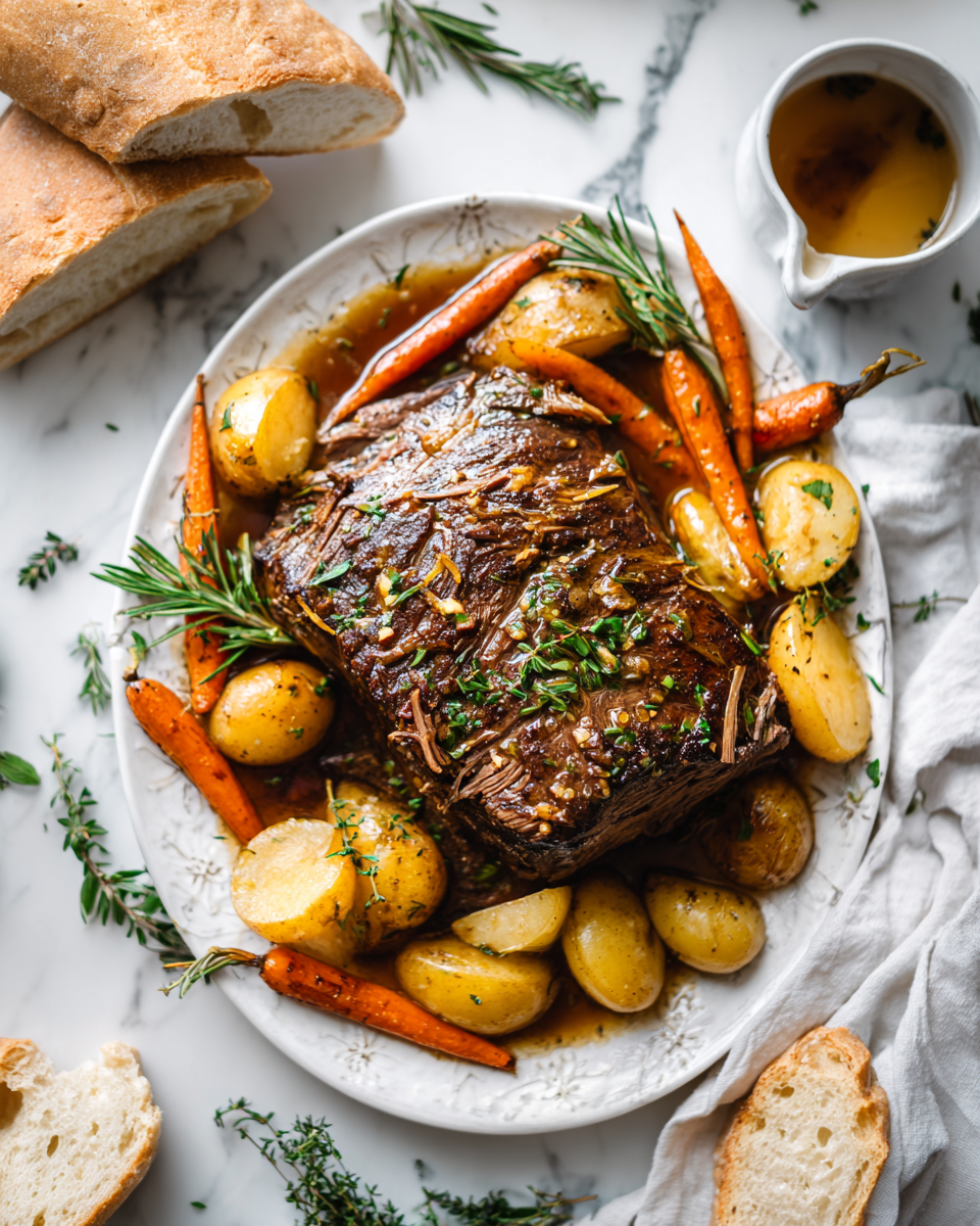 Šťavnatý hovězí roast vařený v Instant Potu pro rychlou přípravu svátečního jídla se zeleninou.