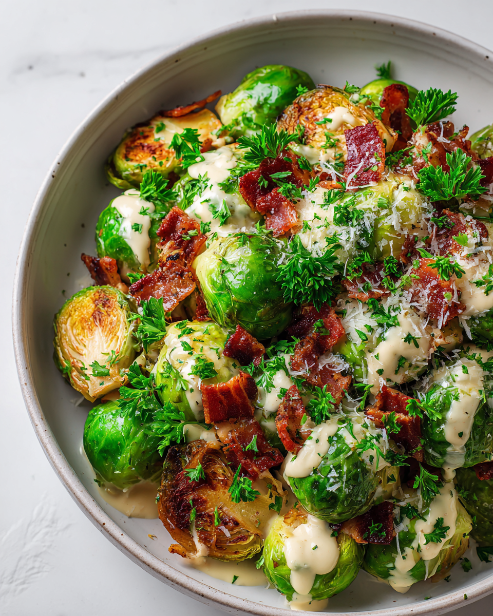 Růžičková kapusta s uzenou slaninou a krémovou omáčkou na svátečním stole.