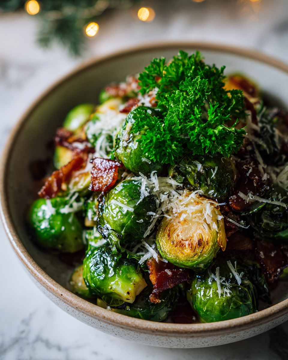 Růžičková kapusta s uzenou slaninou a krémovou omáčkou na svátečním stole.