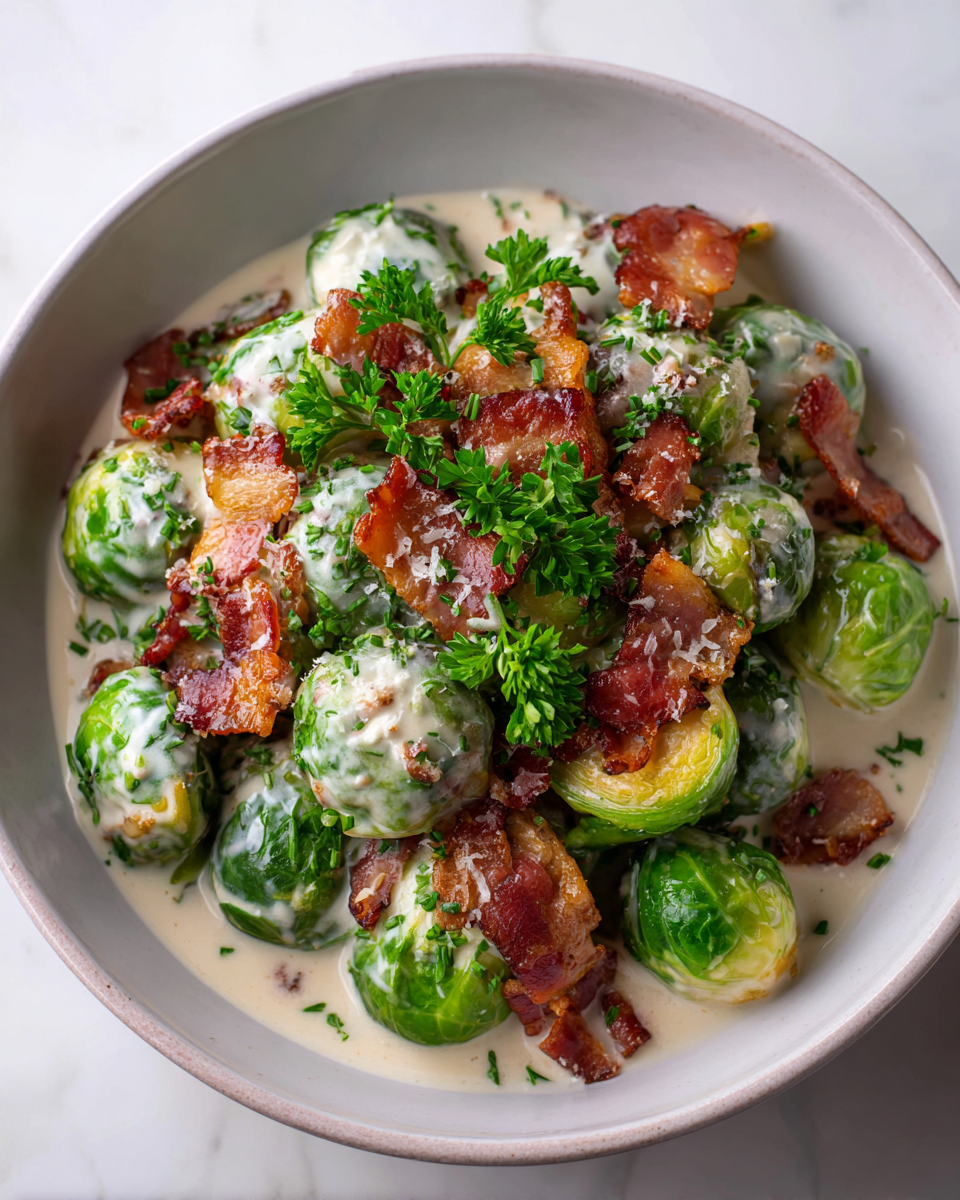 Růžičková kapusta s uzenou slaninou a krémovou omáčkou na svátečním stole.