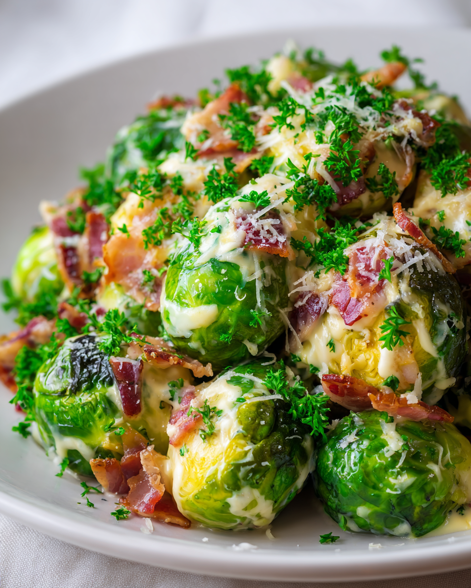 Růžičková kapusta s uzenou slaninou a krémovou omáčkou na svátečním stole.