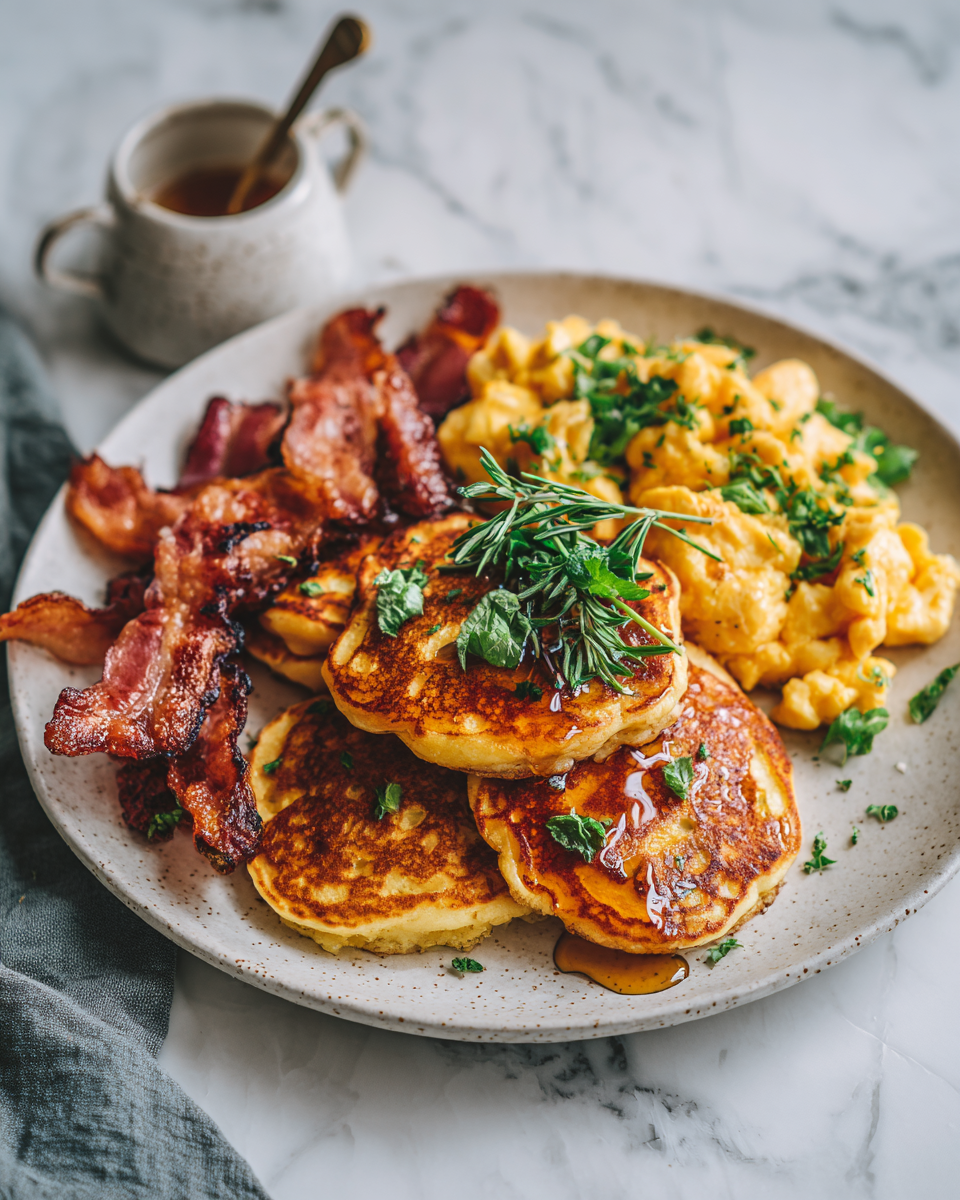 Lahodné palačinky se slaninou a míchanými vejci podávané při svíčkách.