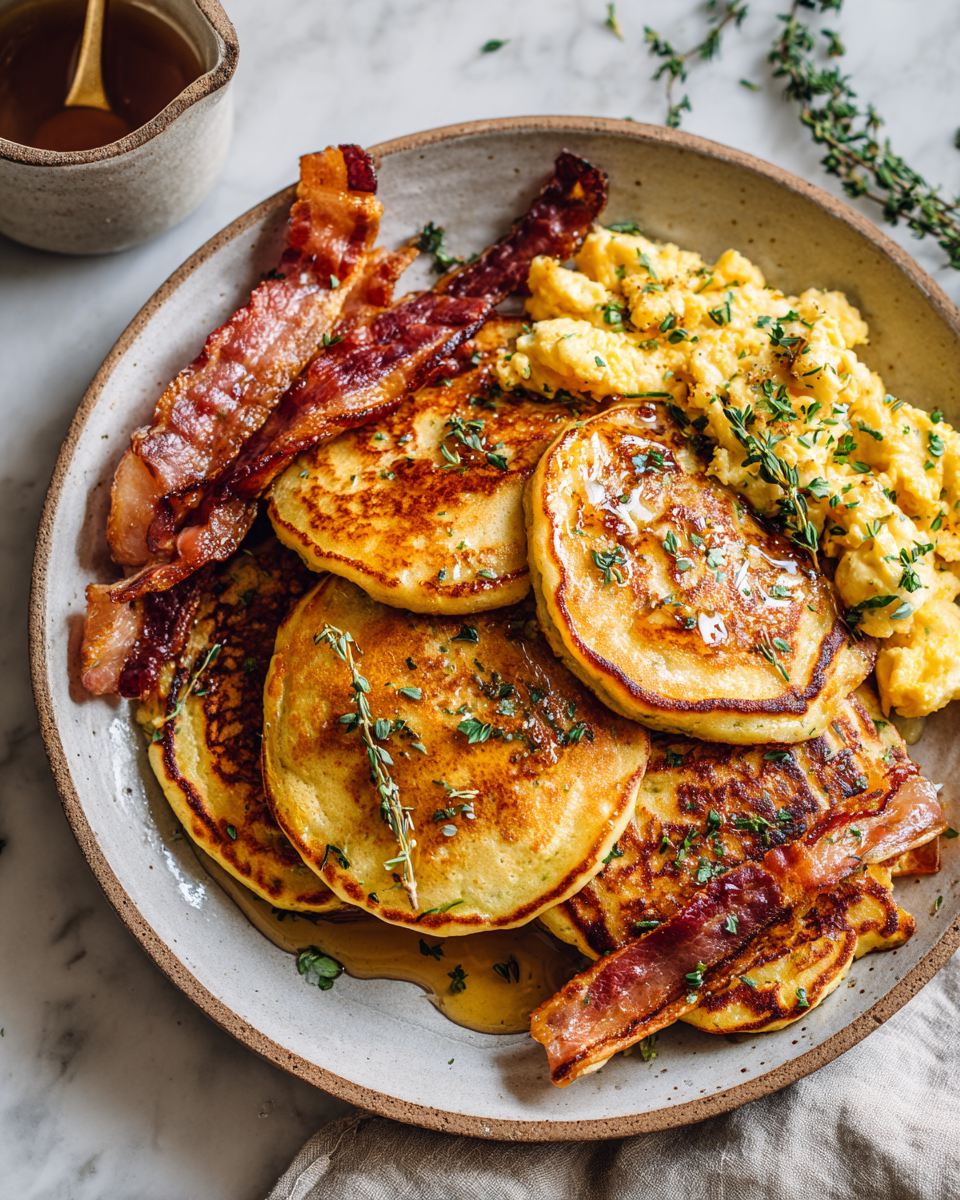 Lahodné palačinky se slaninou a míchanými vejci podávané při svíčkách.