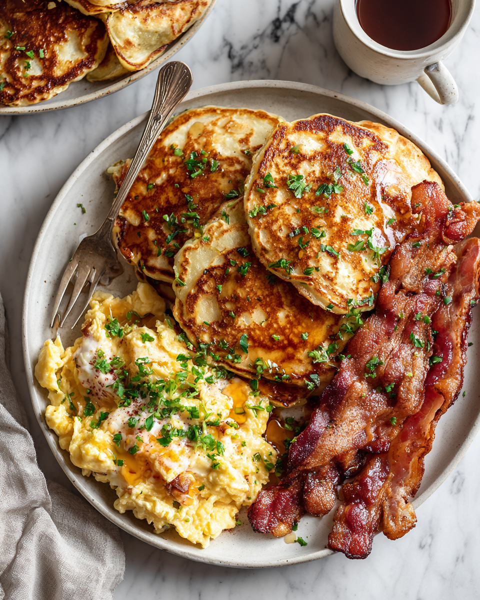 Lahodné palačinky se slaninou a míchanými vejci podávané při svíčkách.