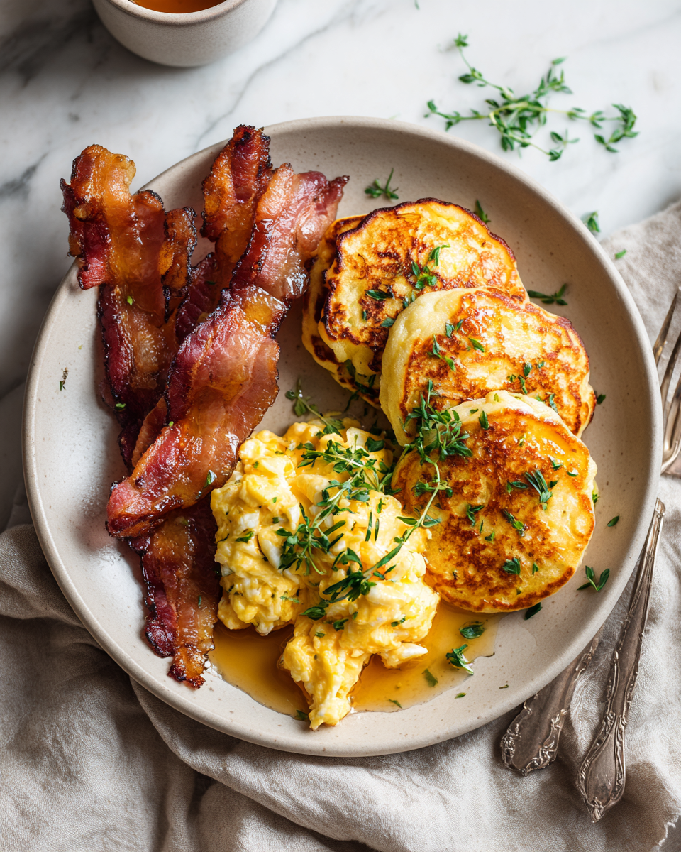 Lahodné palačinky se slaninou a míchanými vejci podávané při svíčkách.