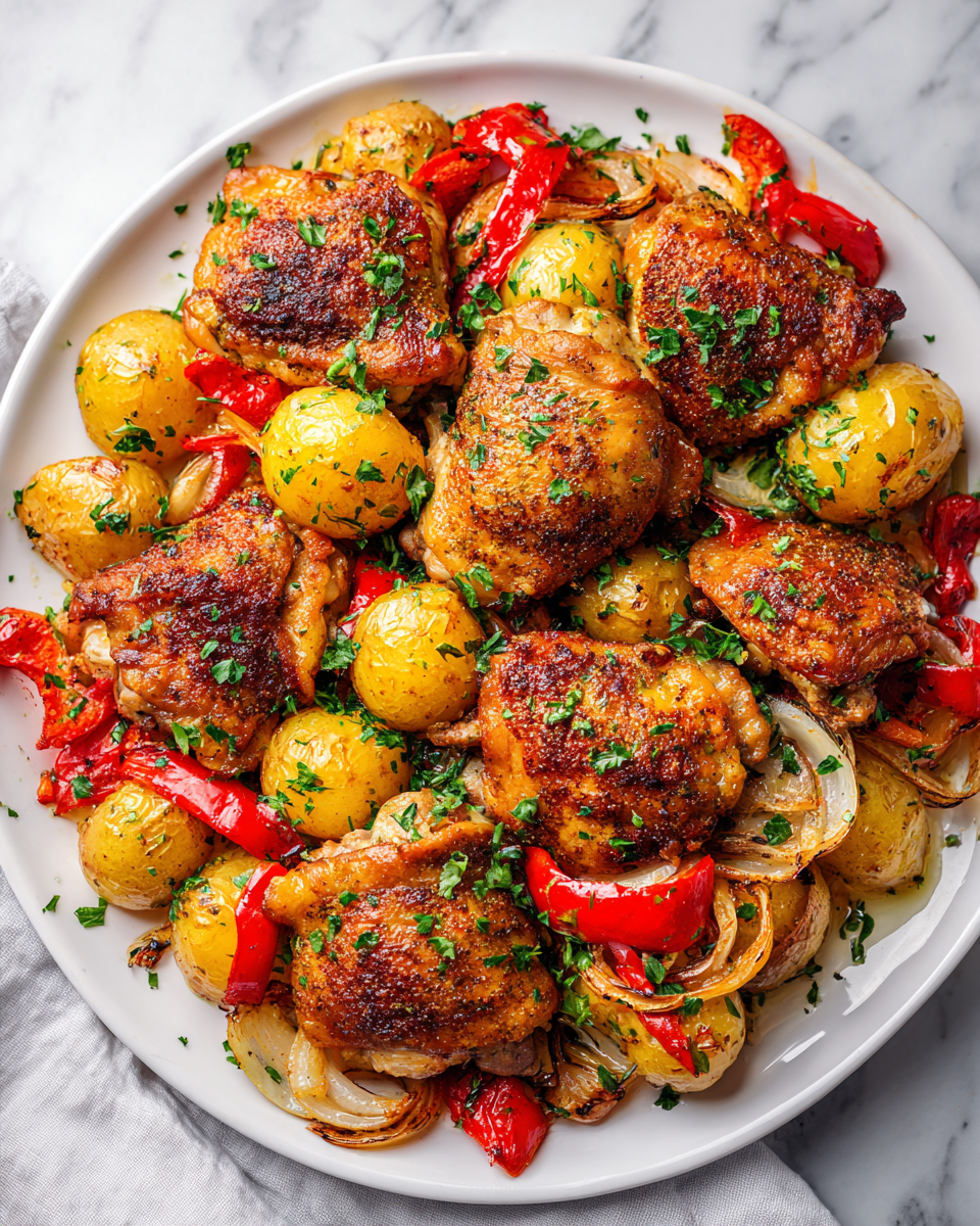 Rychlé a chutné pečené kuře s bramborami a zeleninou, ideální na rodinné večeře, zdravé a snadné vaření v jednom plechu.