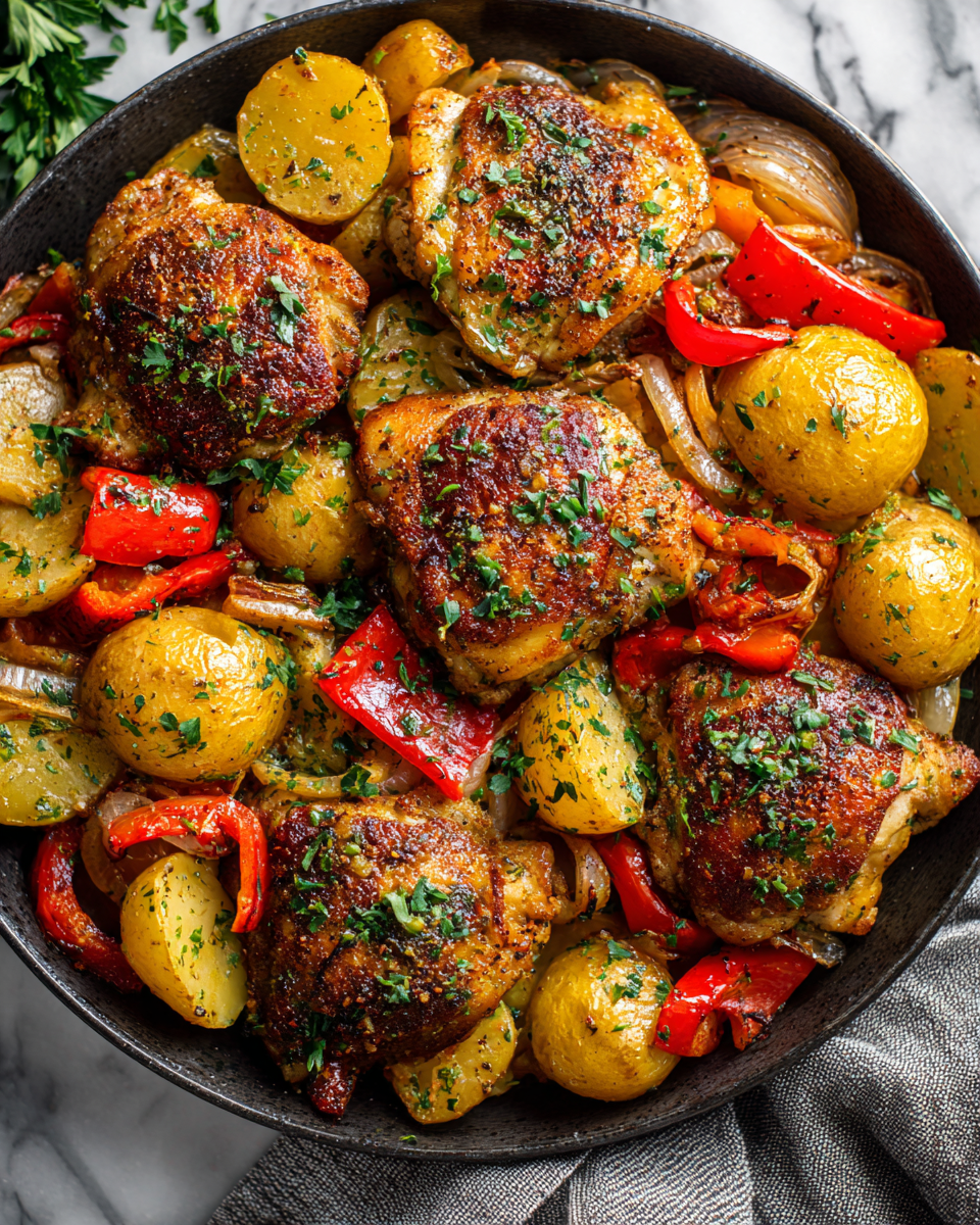 Rychlé a chutné pečené kuře s bramborami a zeleninou, ideální na rodinné večeře, zdravé a snadné vaření v jednom plechu.