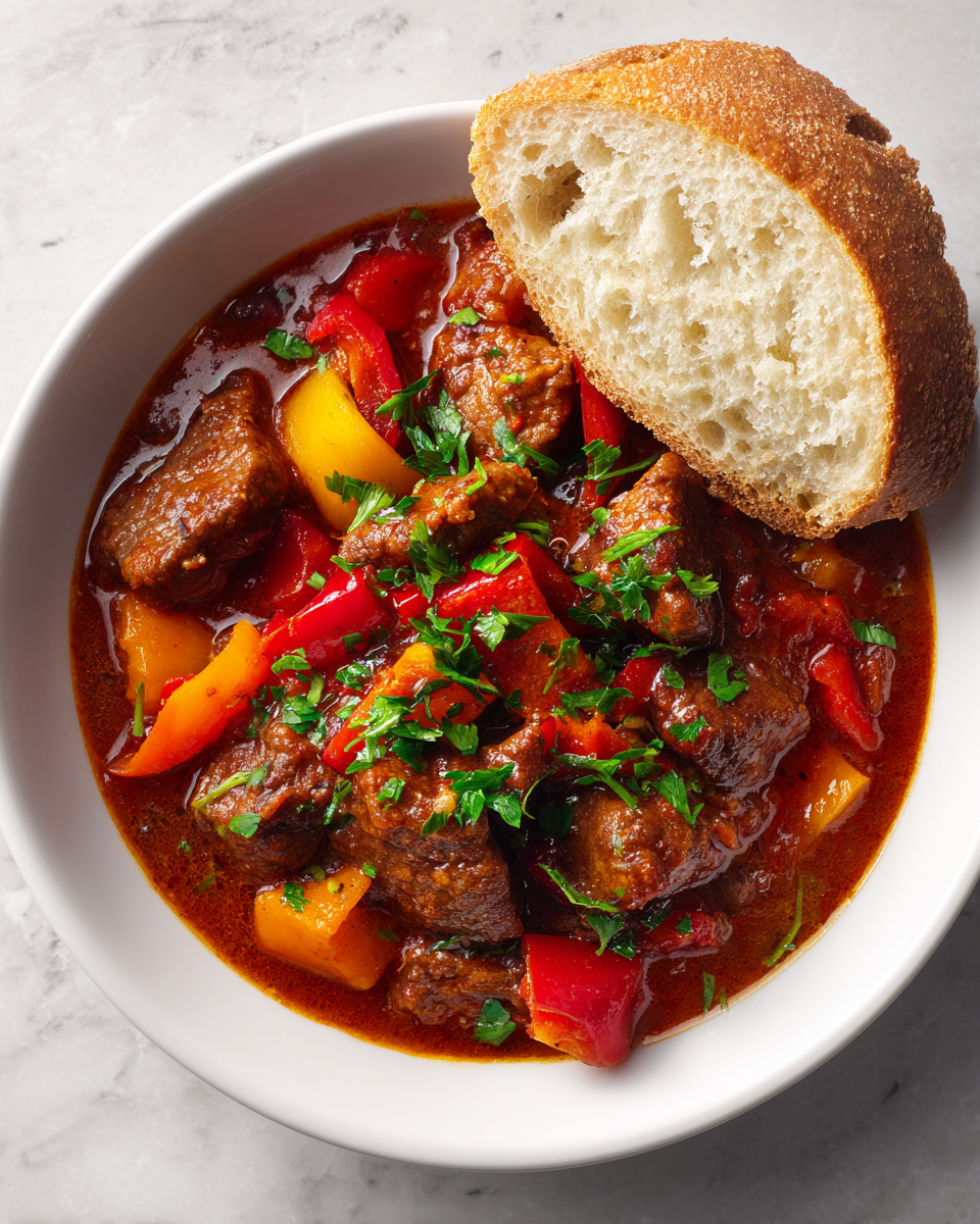 Rychlý a chutný goulash vařený v Instant Potu, ideální pro rodinné večeře.