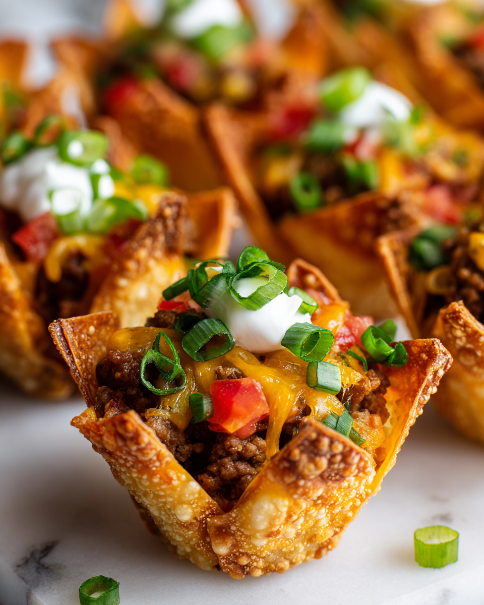 Wonton Taco košíčky s mletým masem, rajčaty a sýrem, perfektní na podzimní oslavy.