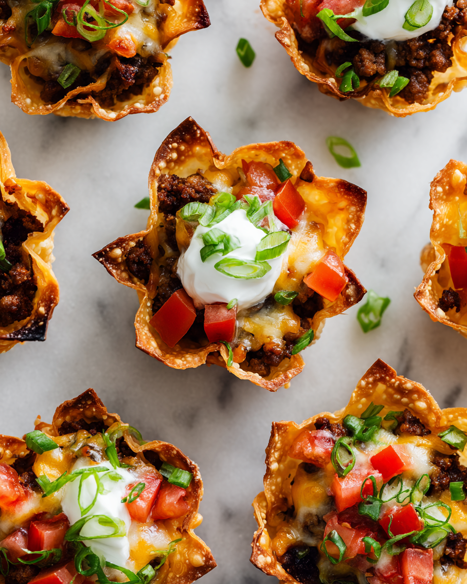 Wonton Taco košíčky s mletým masem, rajčaty a sýrem, perfektní na podzimní oslavy.