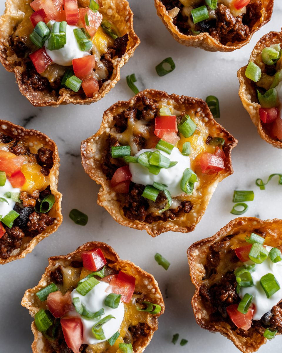 Wonton Taco košíčky s mletým masem, rajčaty a sýrem, perfektní na podzimní oslavy.