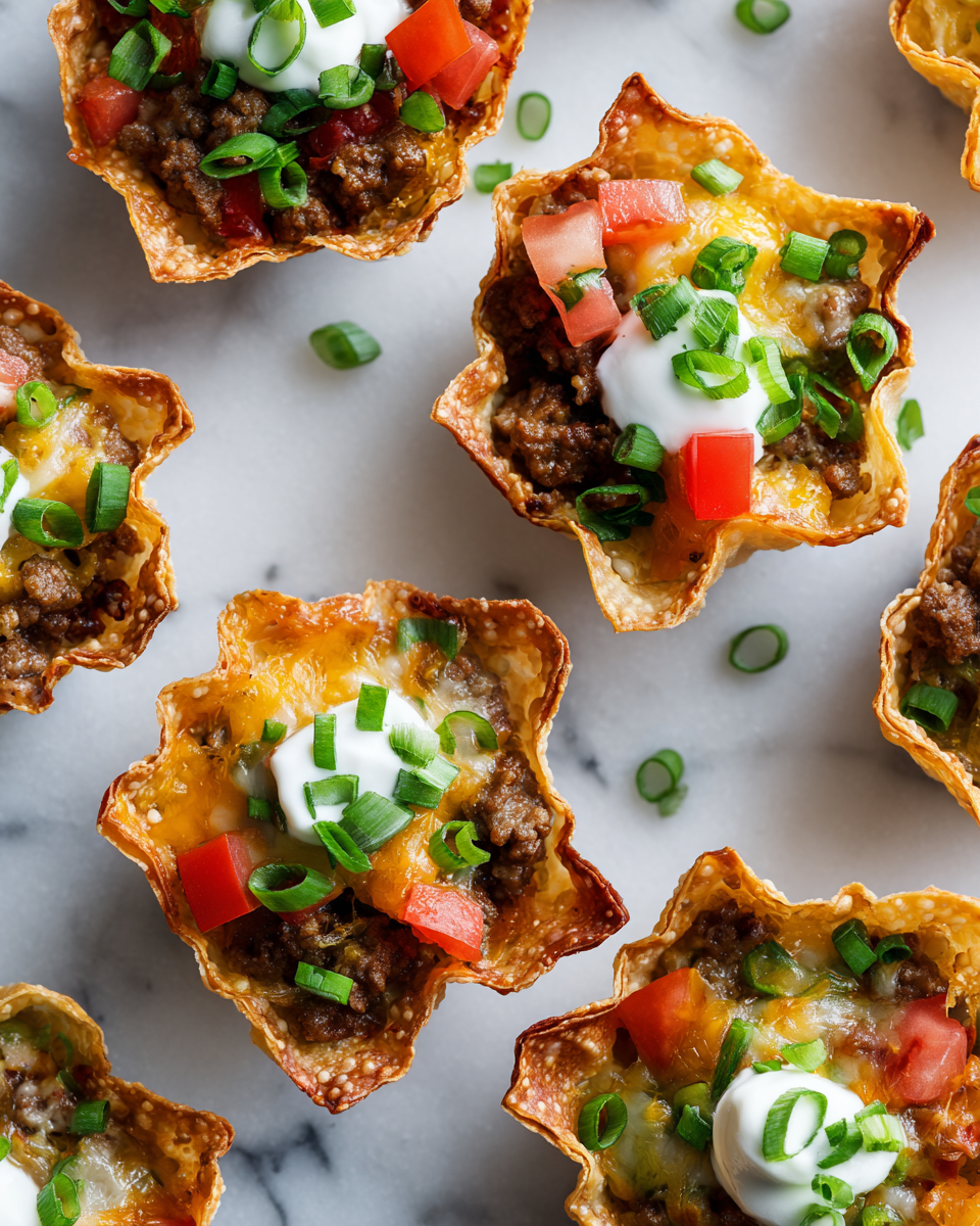 Wonton Taco košíčky s mletým masem, rajčaty a sýrem, perfektní na podzimní oslavy.