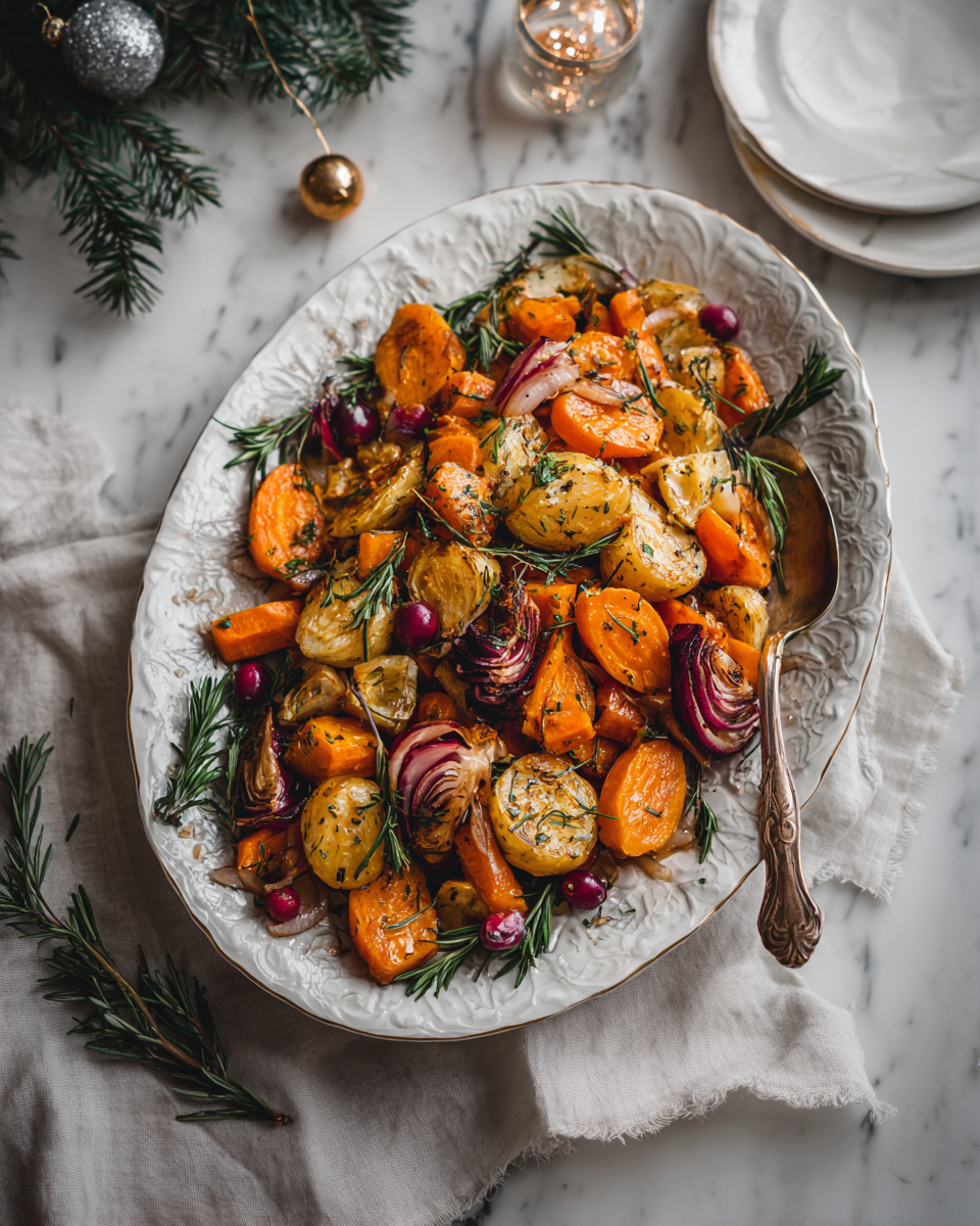 Pečená zelenina jako příloha na vánoční stůl s brambory a kapustou