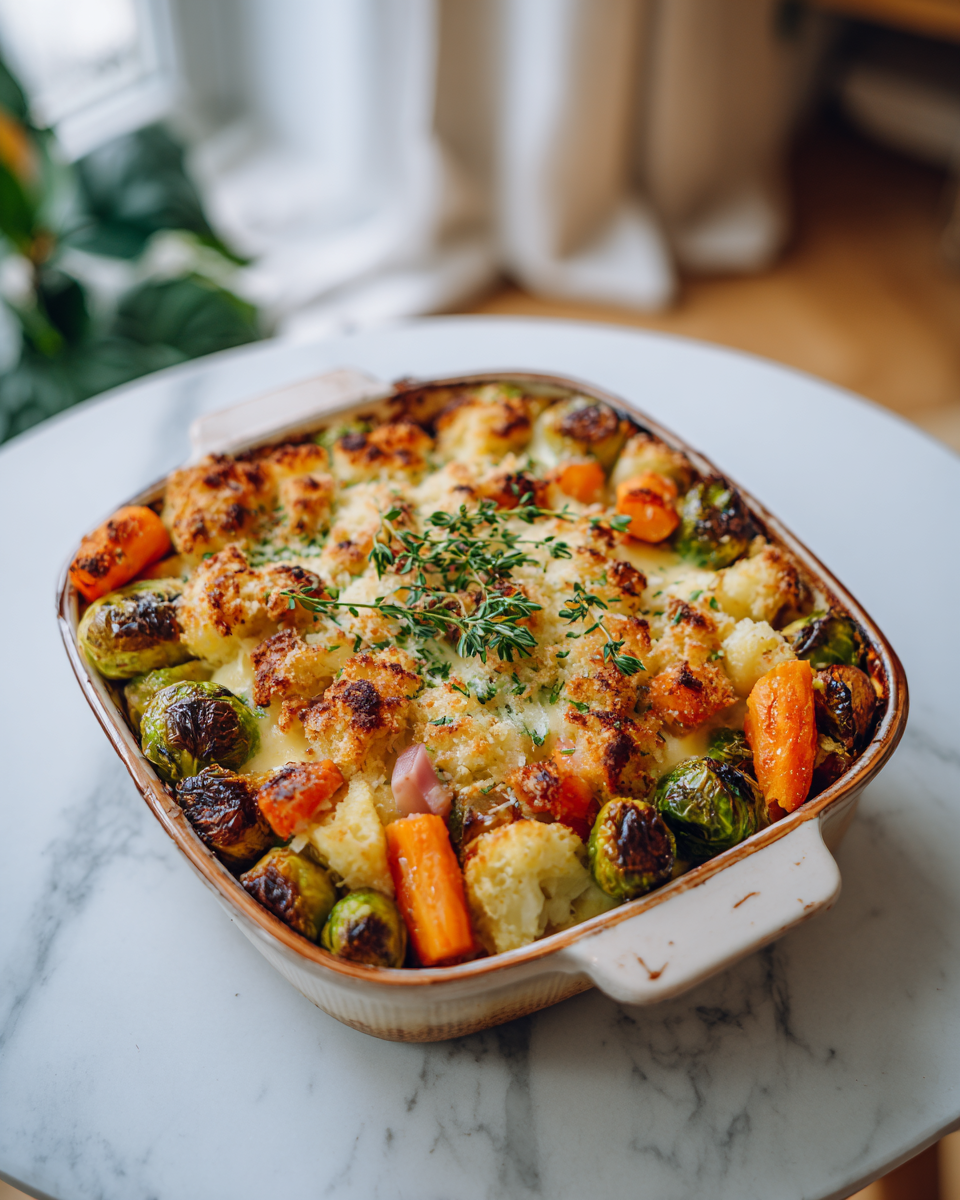 Vánoční zbytky upečené v troubě s použitím čerstvých zeleninových ingrediencí a bylinek.