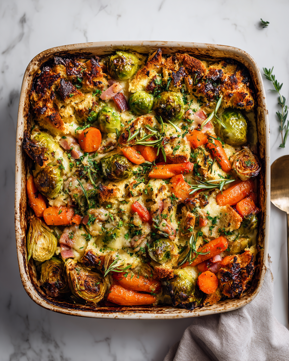 Vánoční zbytky upečené v troubě s použitím čerstvých zeleninových ingrediencí a bylinek.