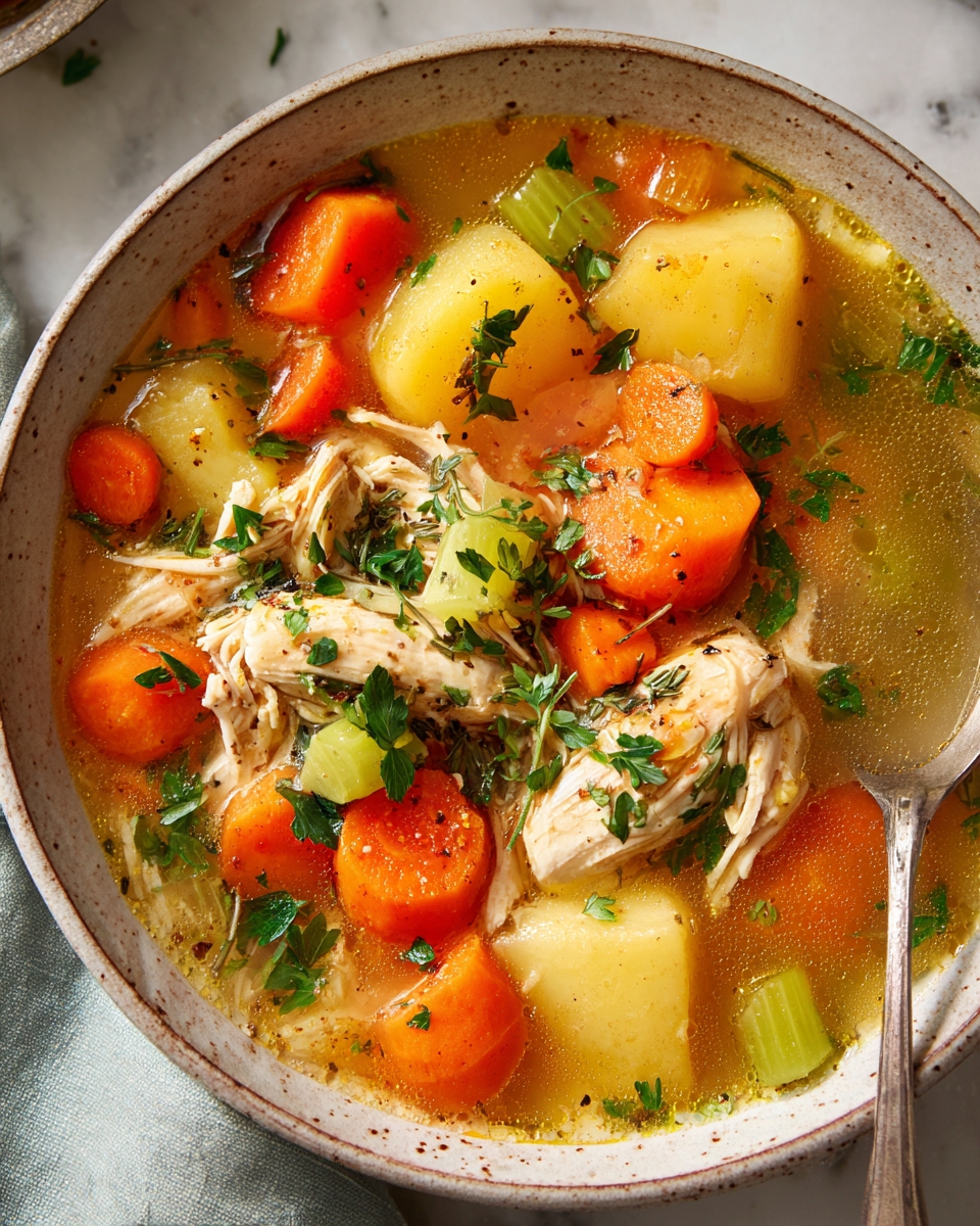 Podzimní polévka v pomalém hrnci s kuřecím masem a zeleninou.