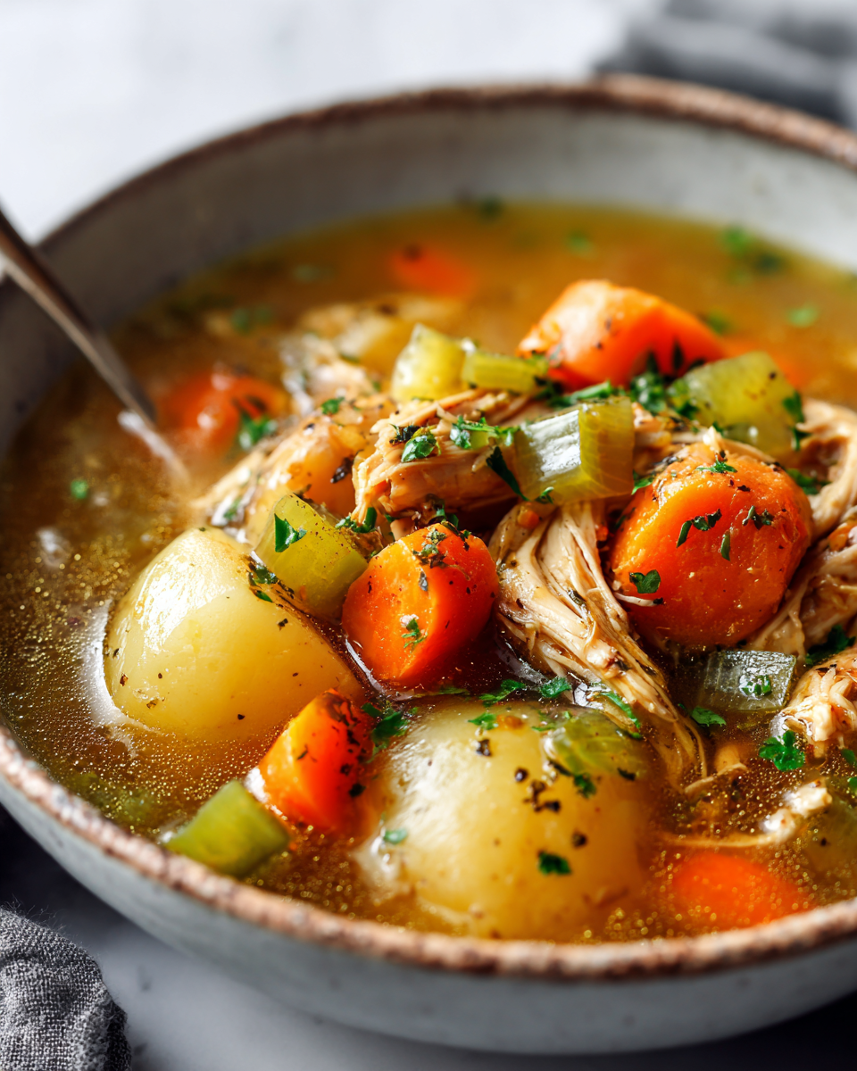 Podzimní polévka v pomalém hrnci s kuřecím masem a zeleninou.