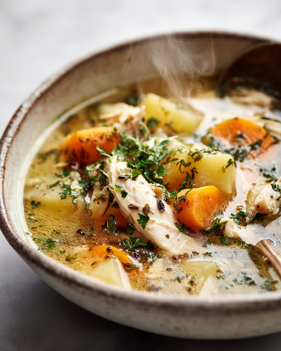 Podzimní polévka v pomalém hrnci s kuřecím masem a zeleninou.