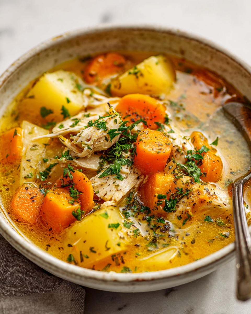 Podzimní polévka v pomalém hrnci s kuřecím masem a zeleninou.
