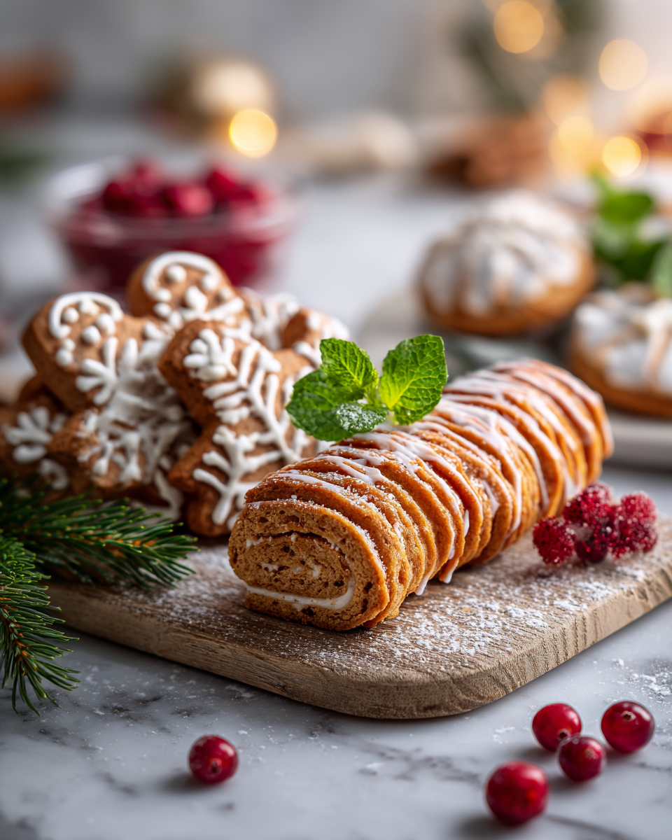 Vánoční perníkové sušenky a trdelník na svátečním stole.