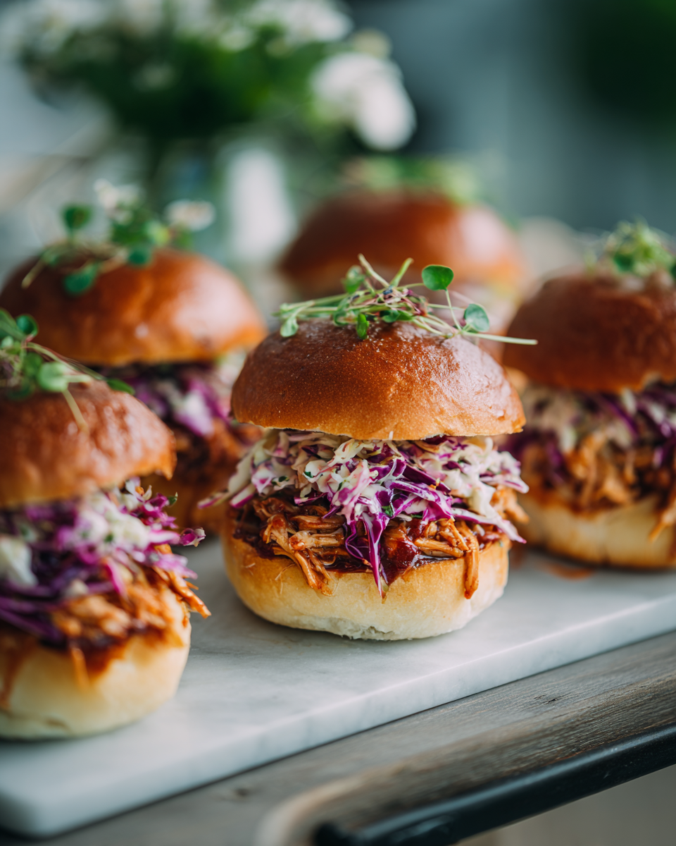 BBQ kuřecí slidery s coleslaw a nakládanými okurkami, ideální pro rodinné oslavy a podzimní oslavy.