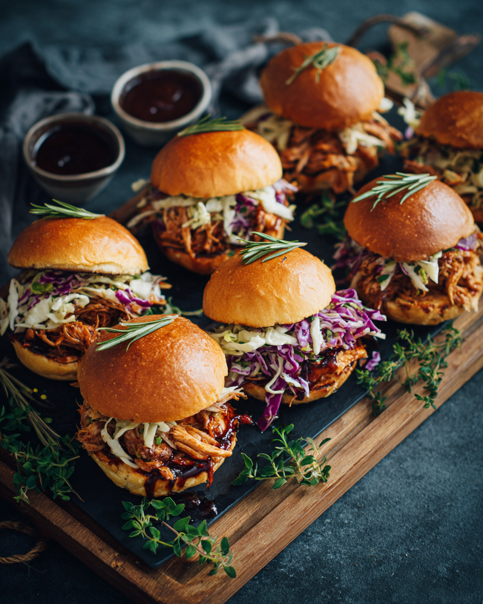 BBQ kuřecí slidery s coleslaw a nakládanými okurkami, ideální pro rodinné oslavy a podzimní oslavy.