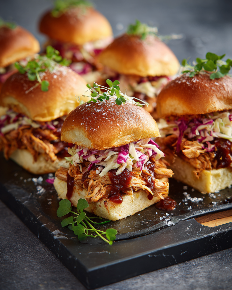 BBQ kuřecí slidery s coleslaw a nakládanými okurkami, ideální pro rodinné oslavy a podzimní oslavy.