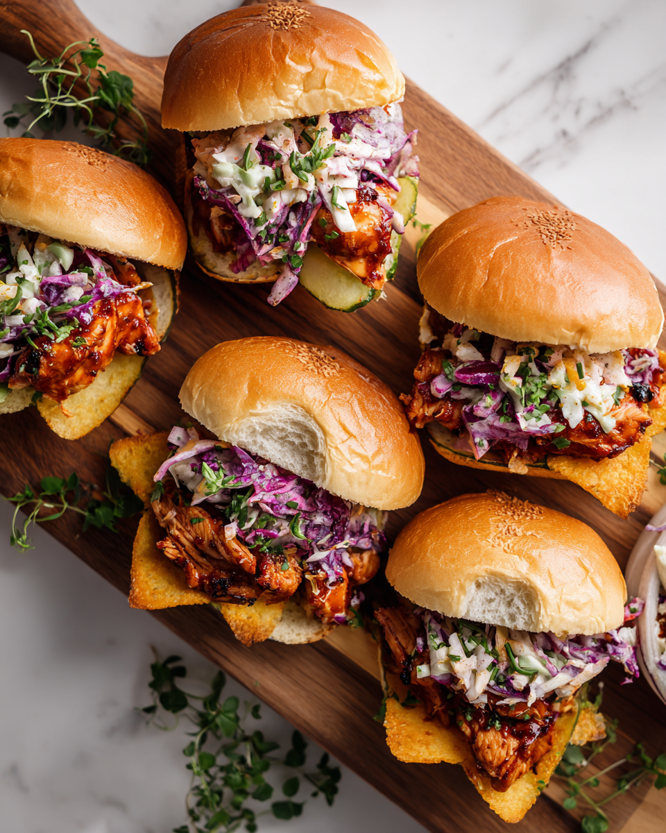 BBQ kuřecí slidery s coleslaw a nakládanými okurkami, ideální pro rodinné oslavy a podzimní oslavy.