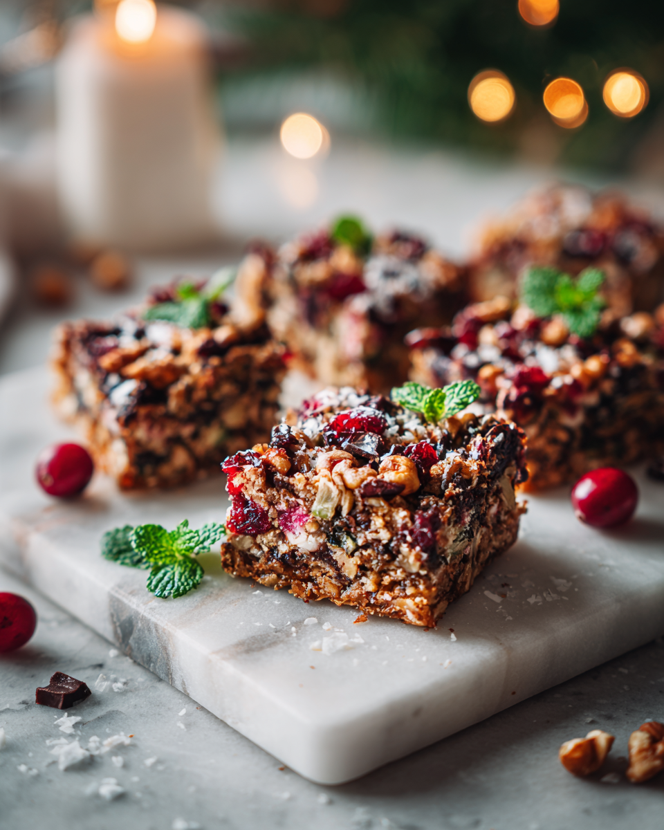 Recept na slavnostní barové sušenky s čokoládovými kousky a sušeným ovocem, ideální na Vánoce.