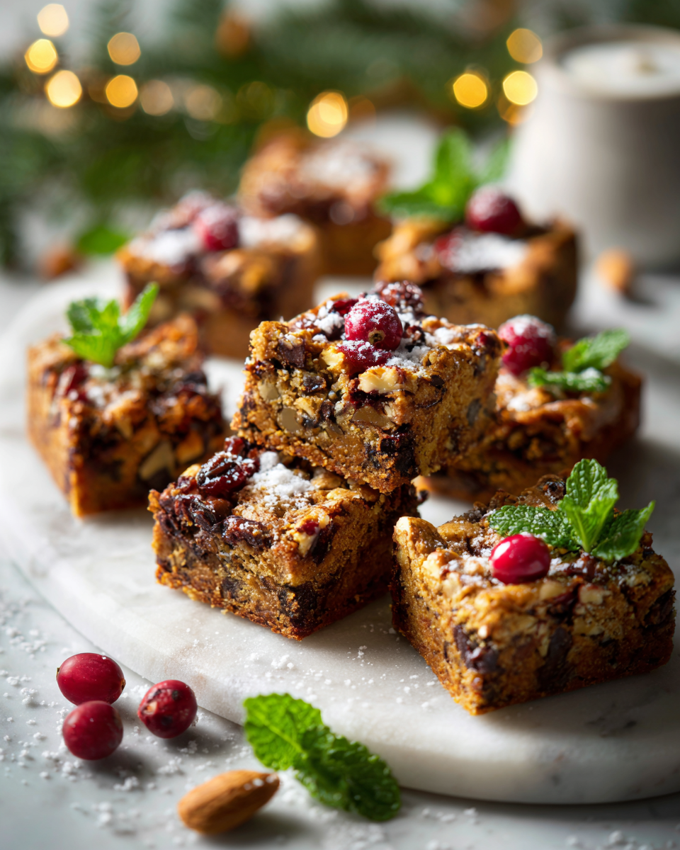 Recept na slavnostní barové sušenky s čokoládovými kousky a sušeným ovocem, ideální na Vánoce.