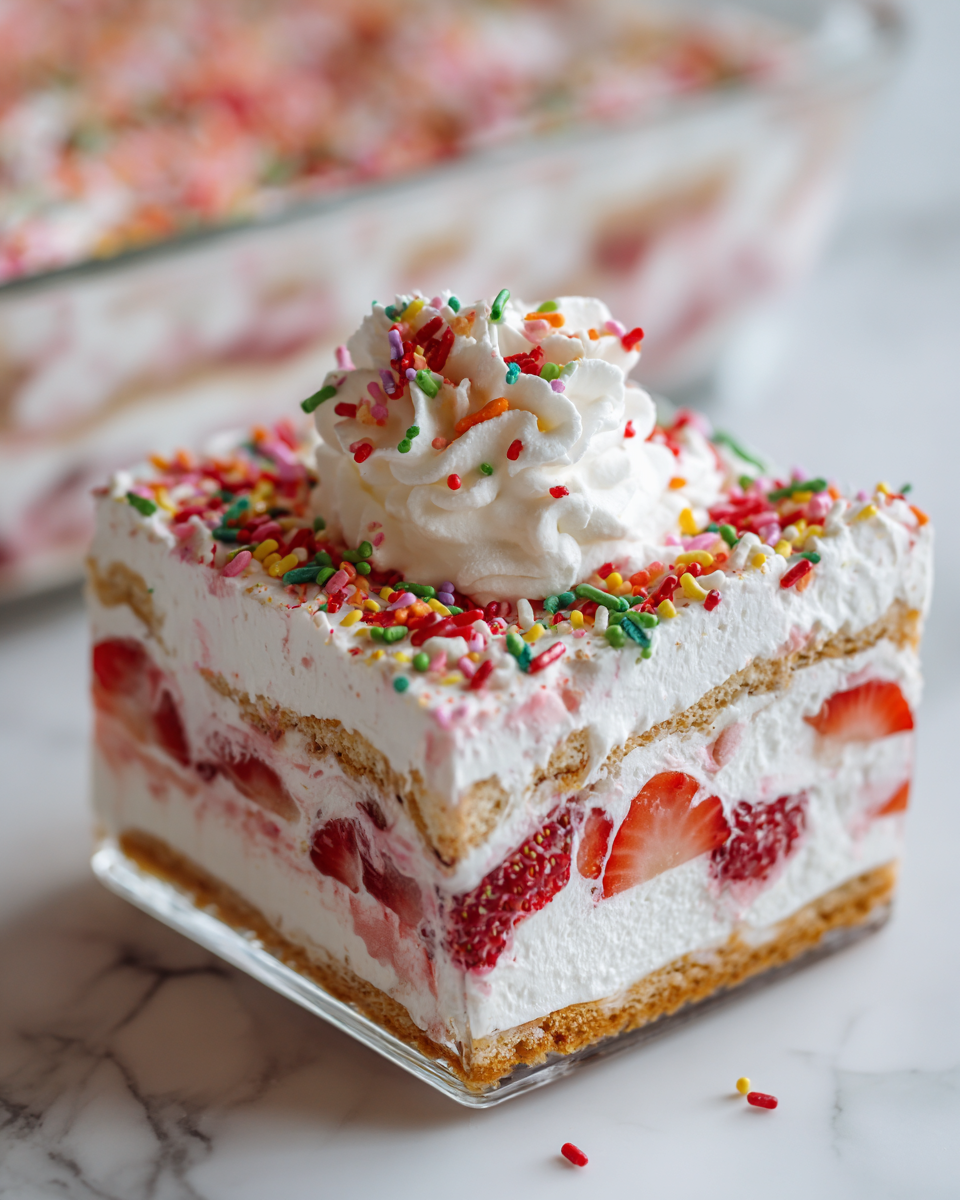 Lahodný dezert s Cool Whipem a svrchními vrstvami sušenek, skvělý pro oslavy.