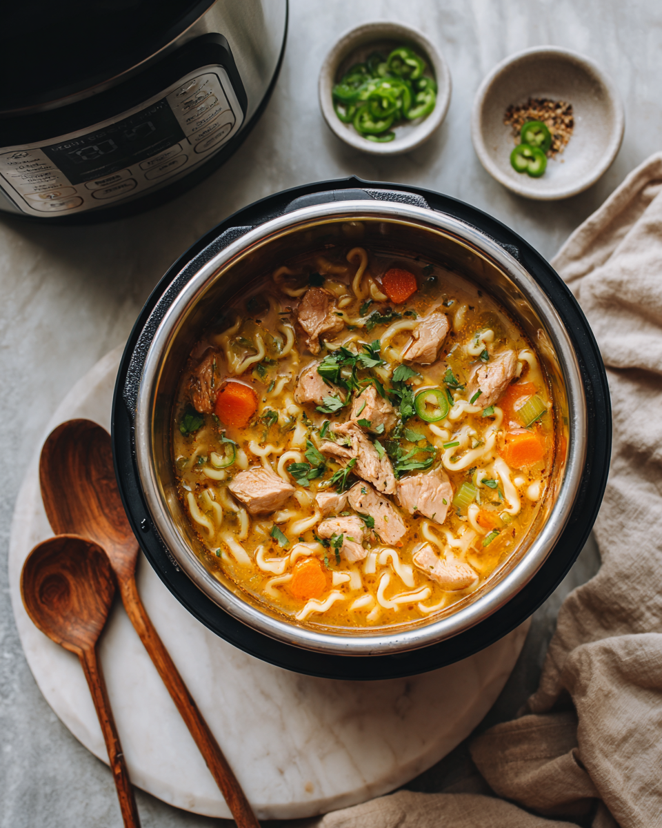 Kuřecí polévka s těstovinami připravená v Instant Pot, rychlý a chutný recept na podzimní večeři.