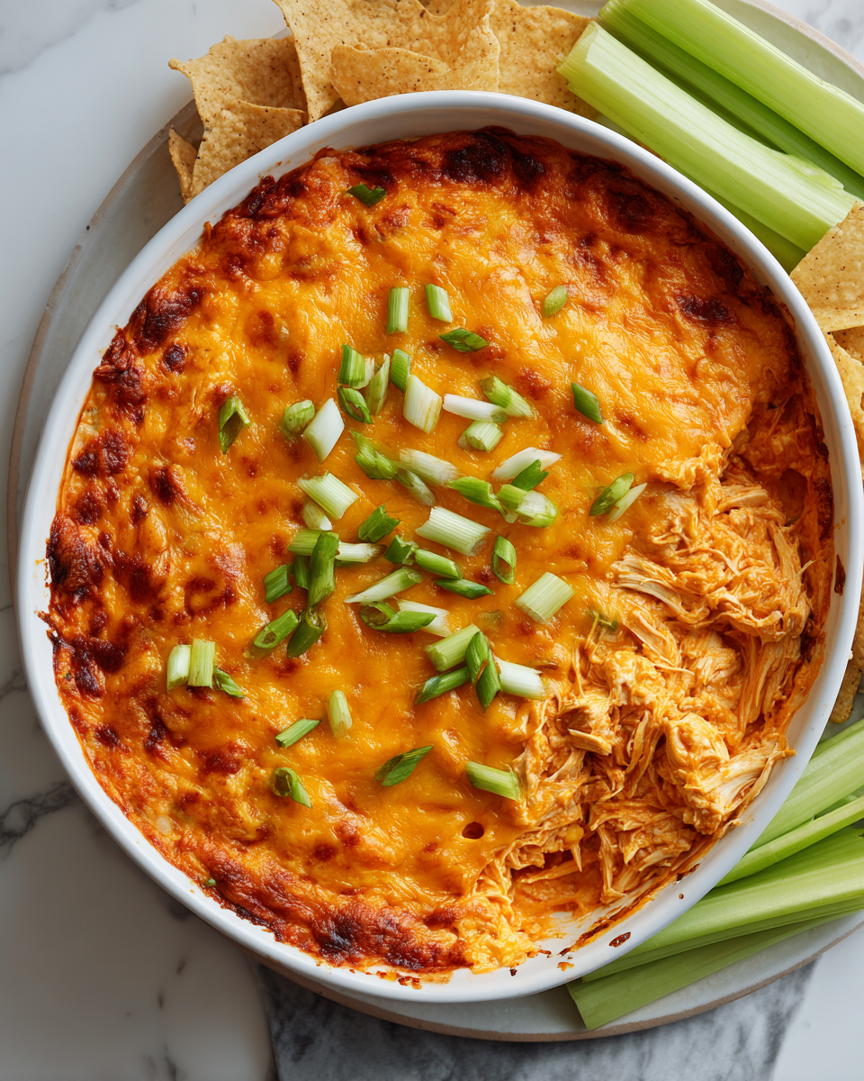 Buffalo kuřecí dip s tortilovými chipsy na večírky