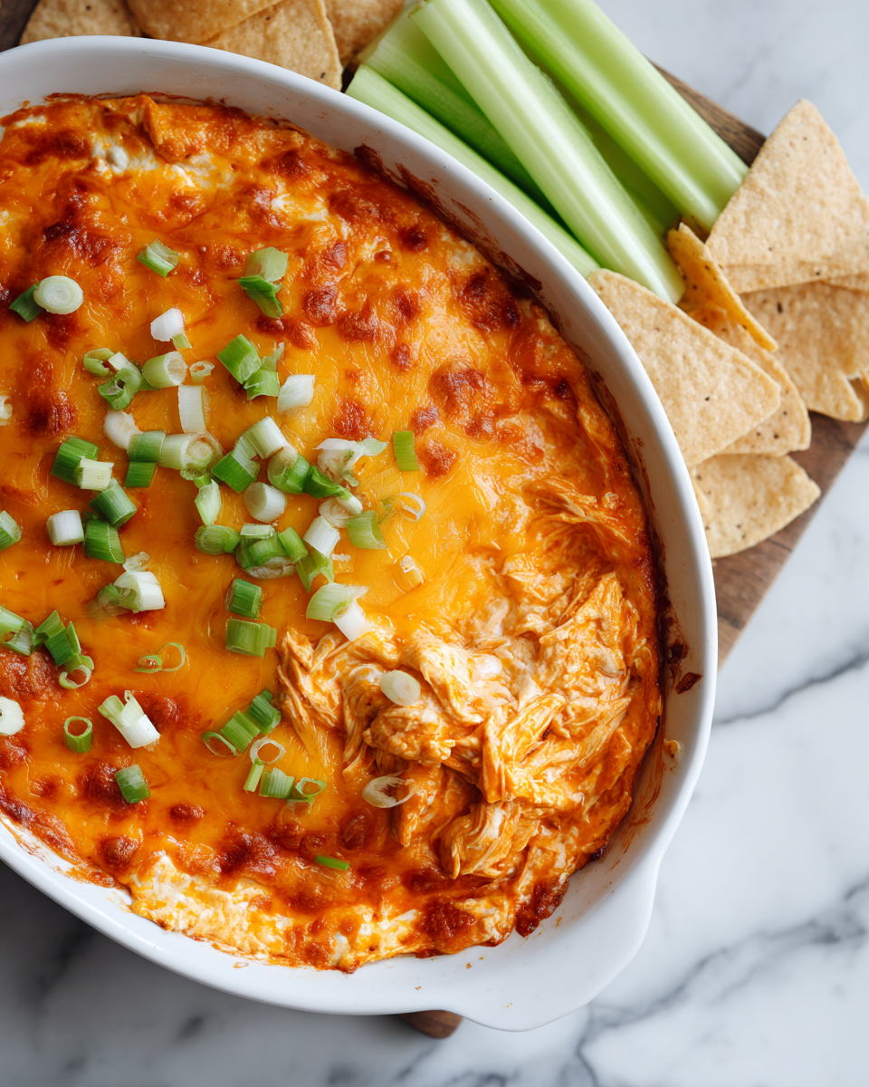 Buffalo kuřecí dip s tortilovými chipsy na večírky