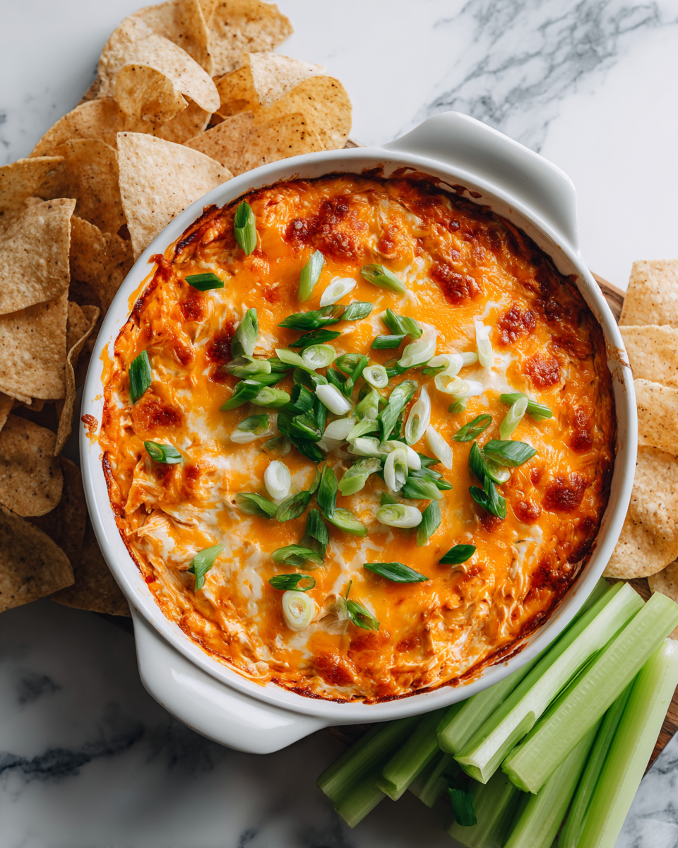 Buffalo kuřecí dip s tortilovými chipsy na večírky