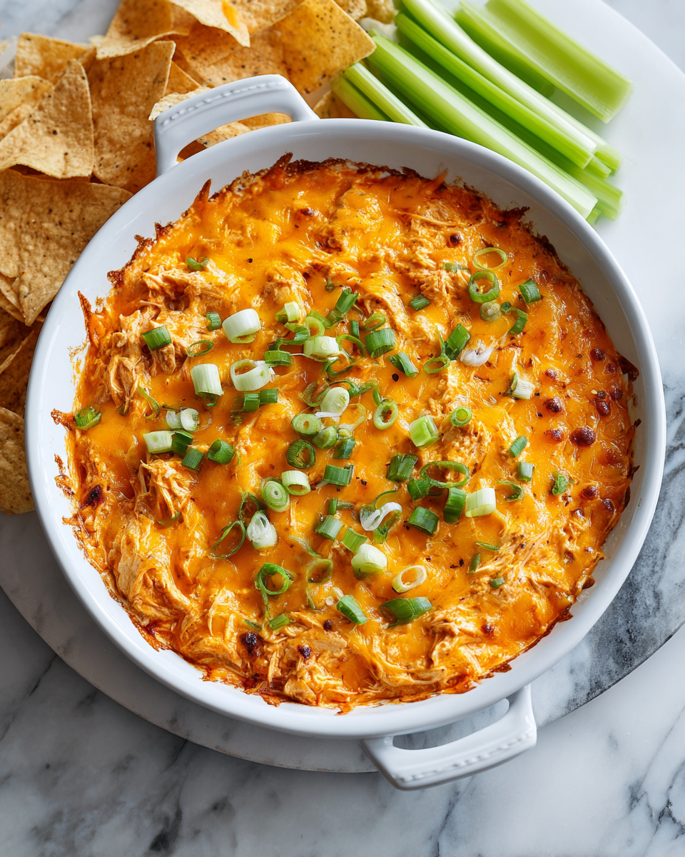 Buffalo kuřecí dip s tortilovými chipsy na večírky